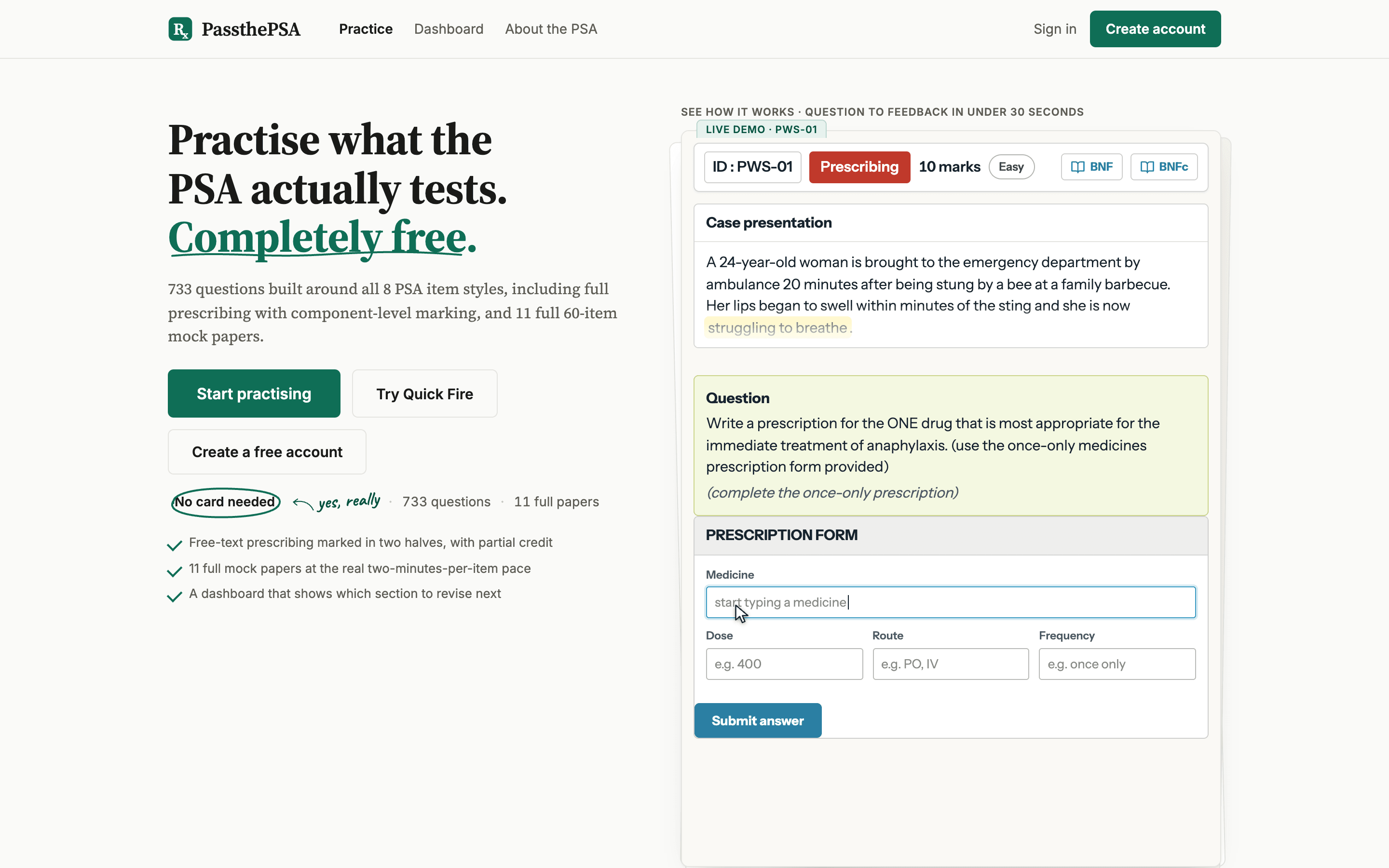passthepsa.com: a live prescribing question for anaphylaxis with the exam’s once-only prescription form for medicine, dose, route and frequency