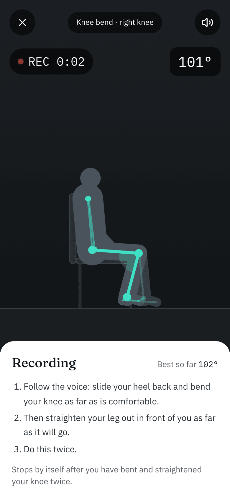 ROMI patient app measuring a knee bend: a seated figure side-on with the tracked hip, knee and ankle drawn over it, reading 101 degrees