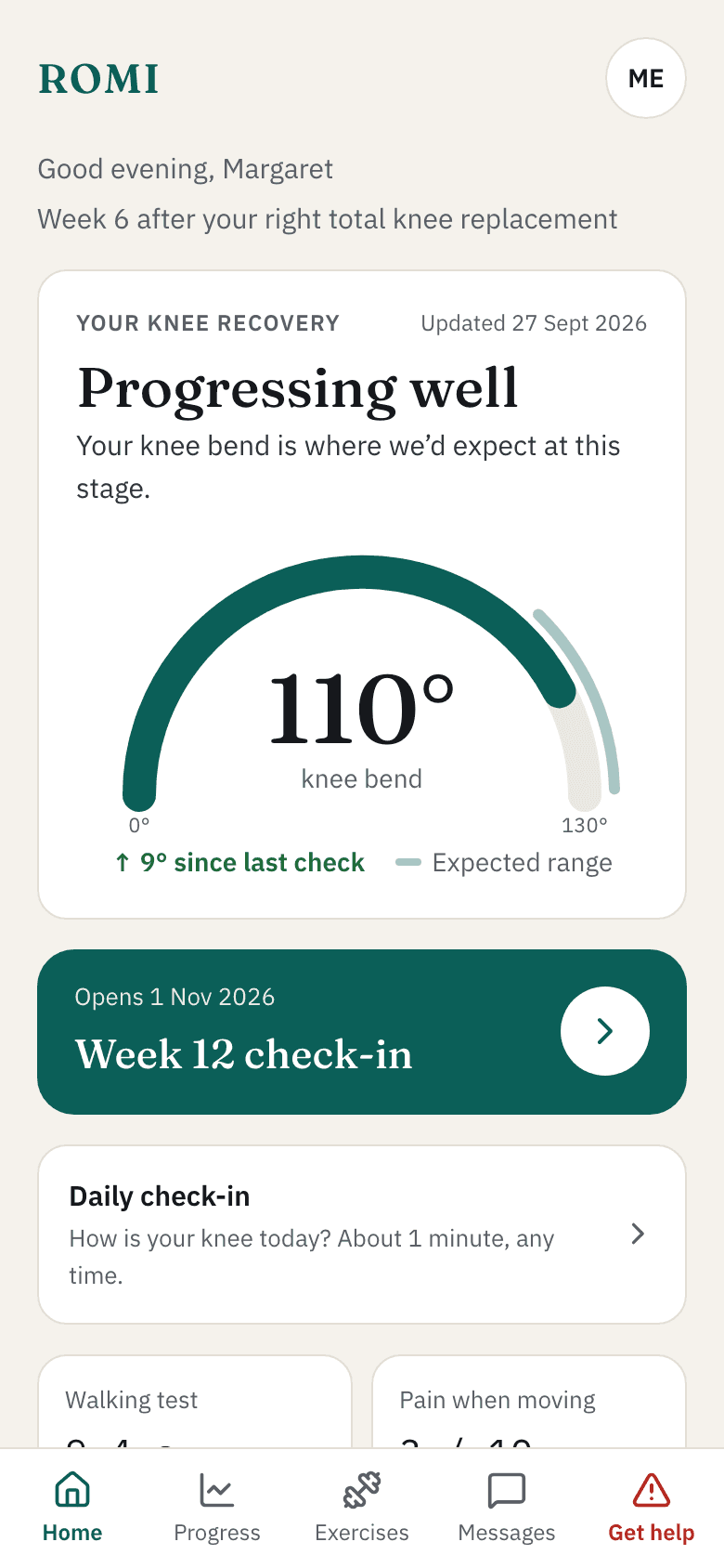 ROMI patient app home screen: a knee bend gauge reading 110 degrees within the expected range, the next check-in and recent results