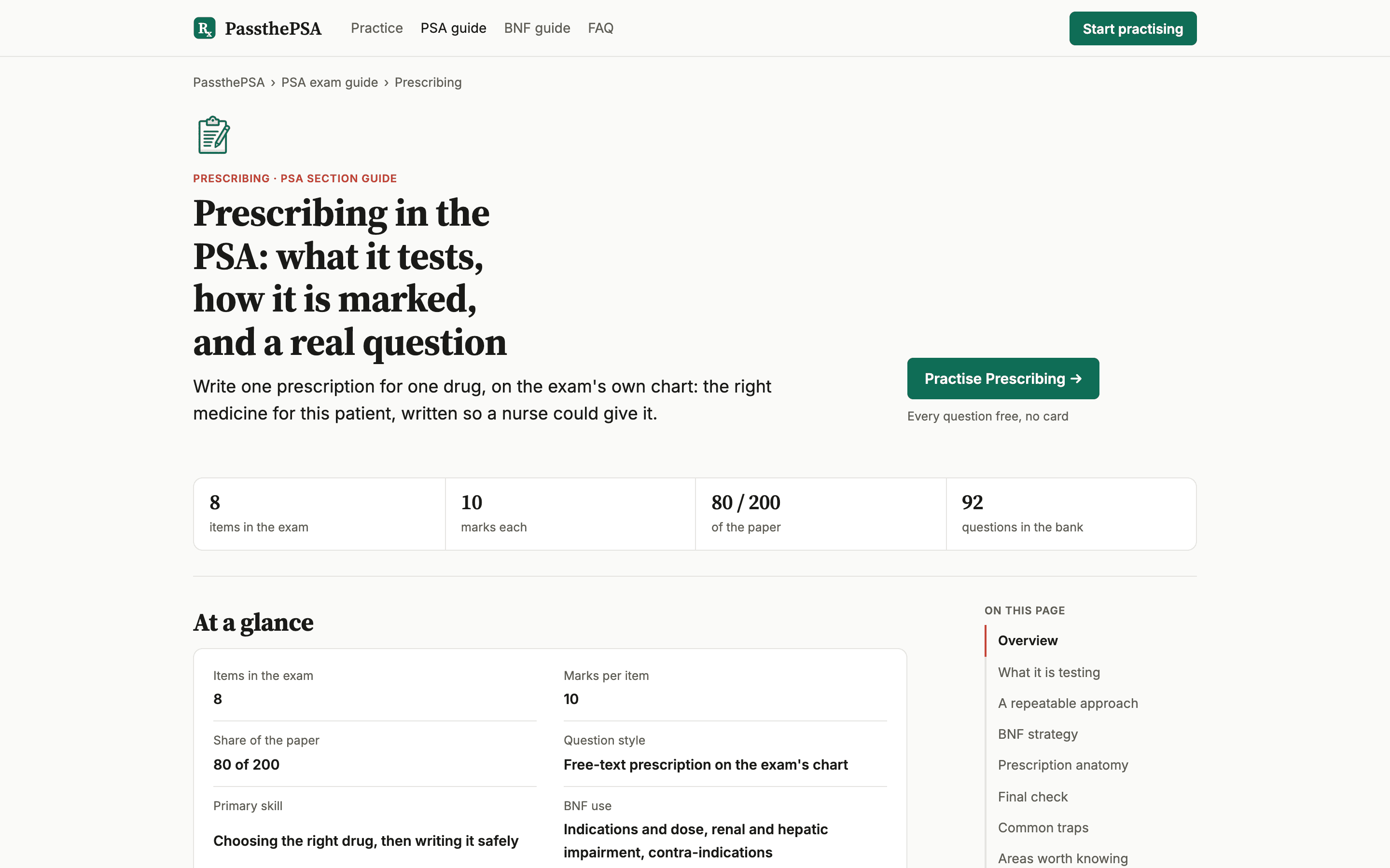 The prescribing section guide on passthepsa.com: what it tests, how it is marked, 8 items at 10 marks each, 80 of 200 marks, 92 questions in the bank